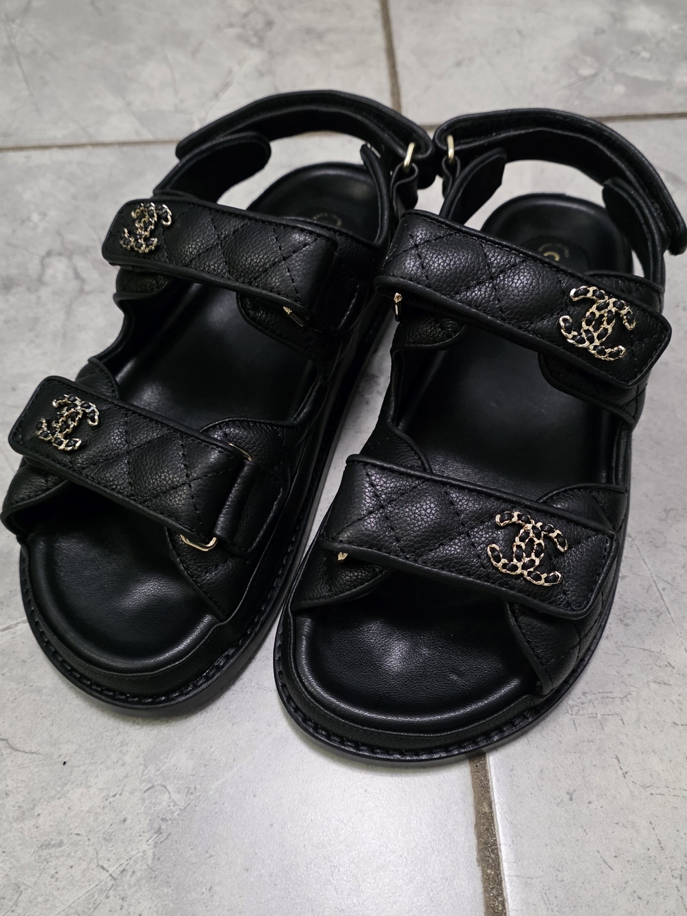 CHANEL Dad Sandals Black Quilted Calfskin Sandals with Gold CC Hardware 38 EU